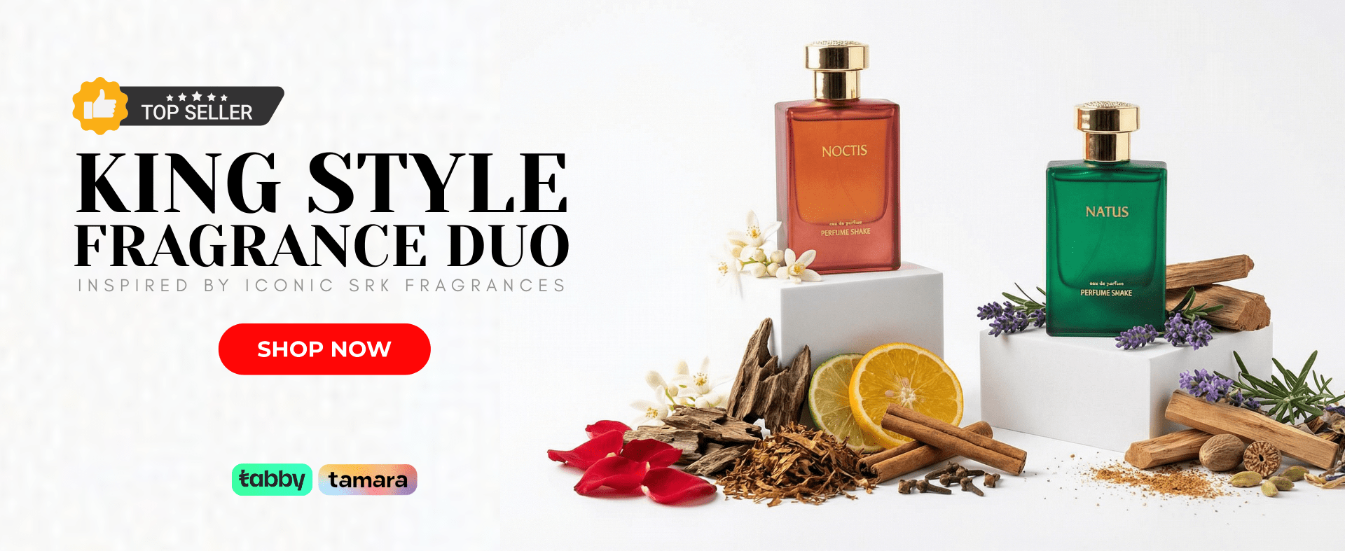 Two perfume bottles with decorative elements on a white background, featuring 'Natus' and 'Noctis' brands.