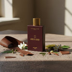 Perfume bottle labeled 'Ashes of Leather' by UBERNOTES on a textured surface with flowers and leather notes unisex perfume in UAE.