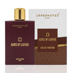 Uppernotes Ashes of Leather perfume bottle and packaging on a white background