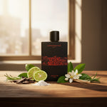 Perfume bottle labeled 'Desert Majesty' with limes, flowers, and herbs on a wooden surface unisex perfume in UAE