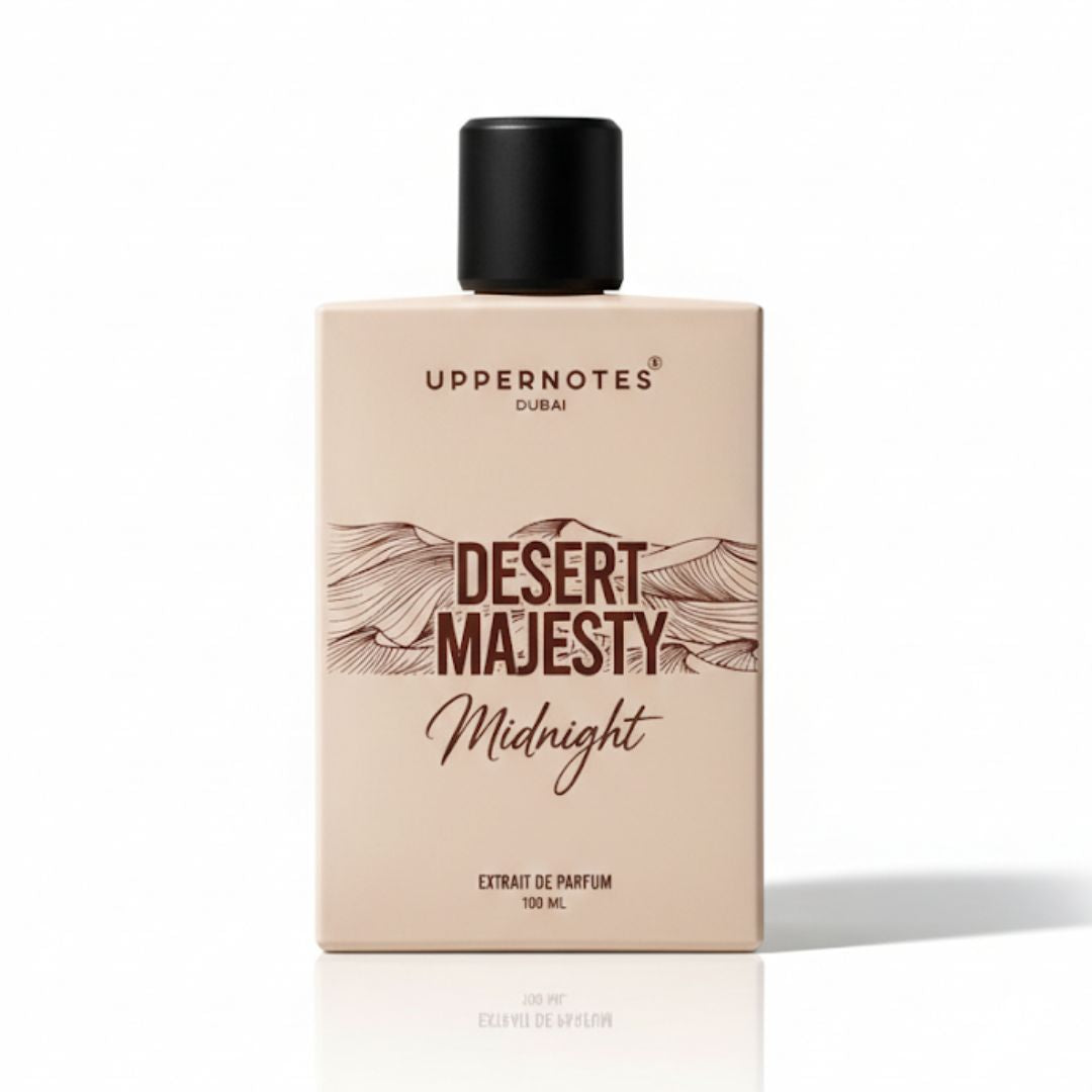 Perfume bottle labeled 'Desert Majesty Midnight' by Uppernotes Dubai on a white background