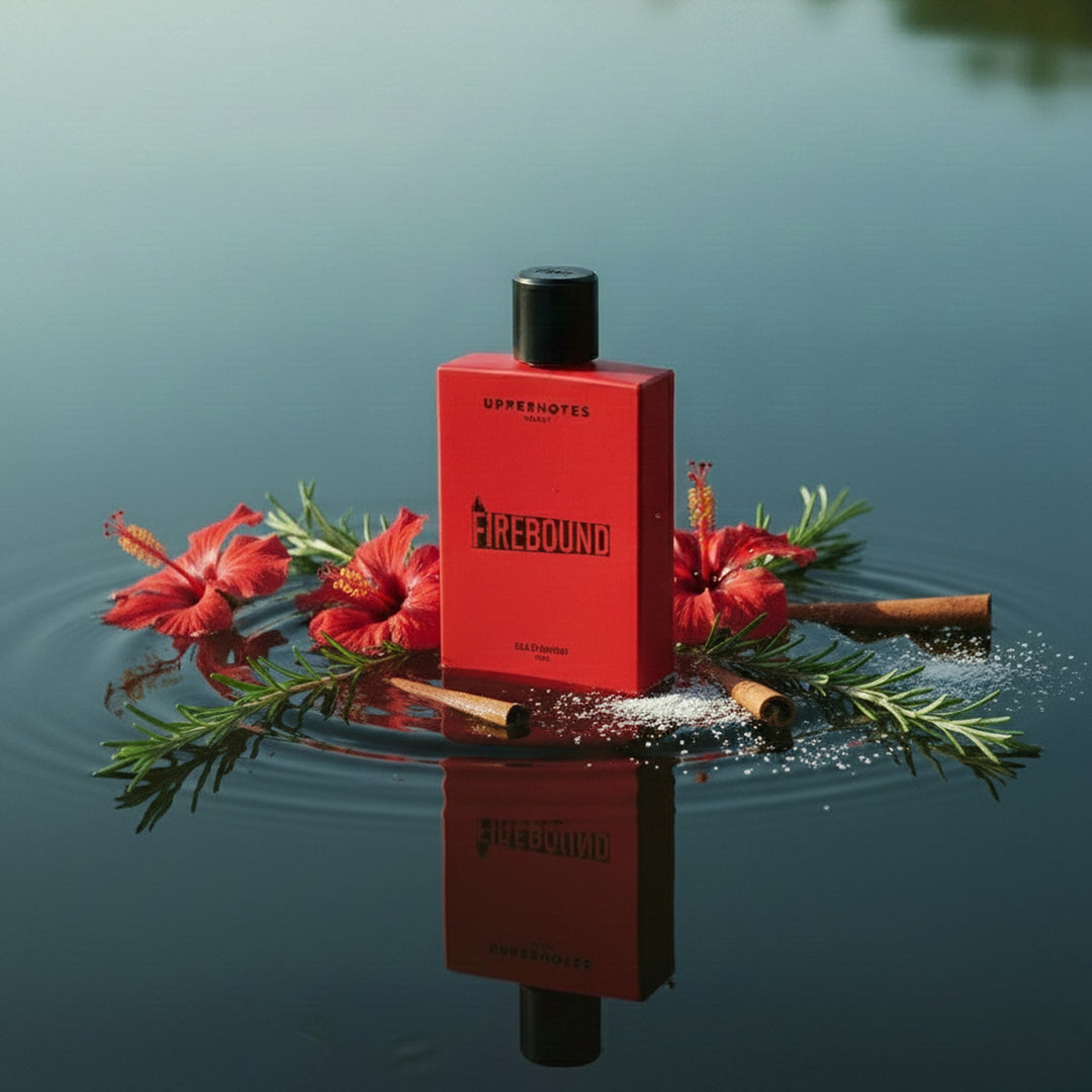 Red perfume bottle with black cap floating on water surrounded by red flowers and green notes unisex perfume in UAE.