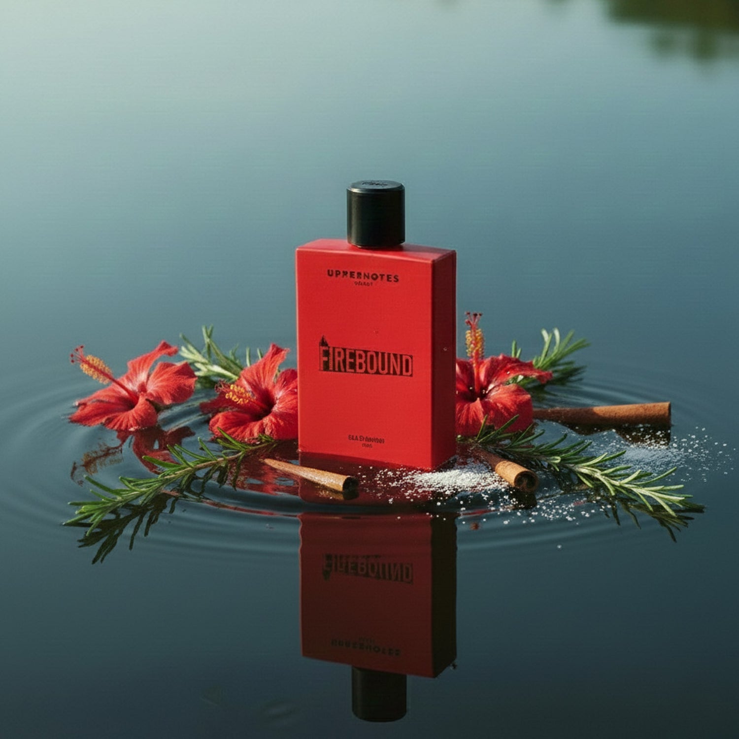 Red perfume bottle with black cap floating on water surrounded by red flowers and green notes unisex perfume in UAE.
