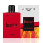 Red perfume bottle and packaging with 'Uppernotes Dubai' branding on a white background