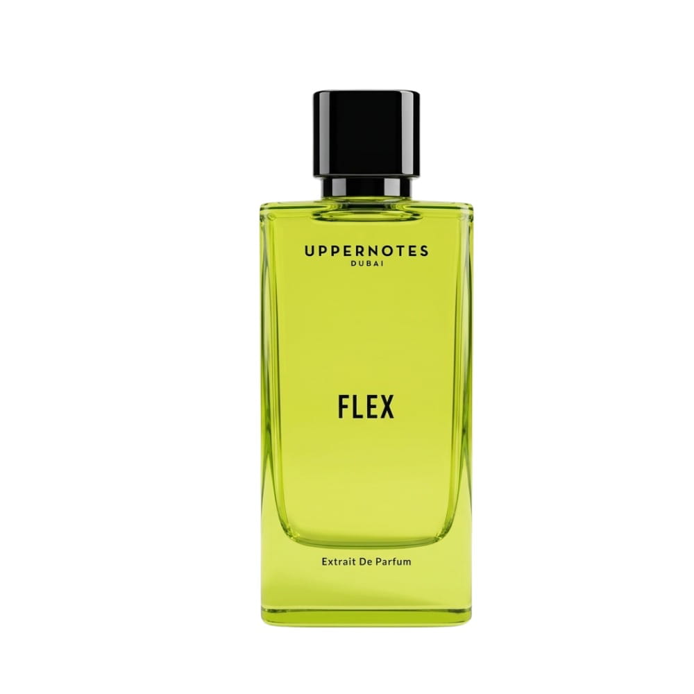 Green perfume bottle  'Flex' by Uppernotes Dubai 