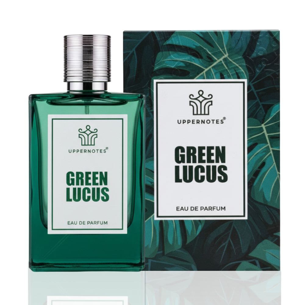 Green Lucus perfume bottle and packaging with Uppernotes branding on a white background