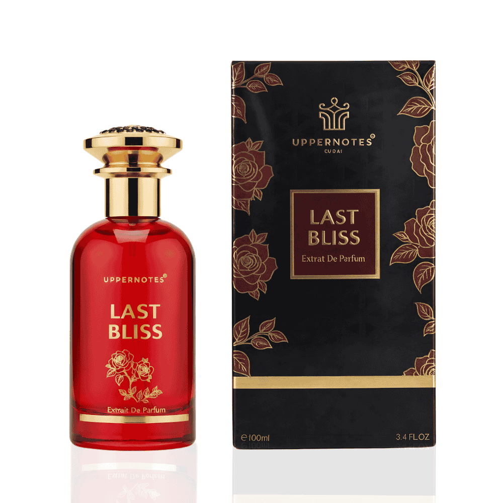 Red perfume bottle labeled 'Last Bliss' with matching packaging on a white background - Inspired by Oud and Roses 