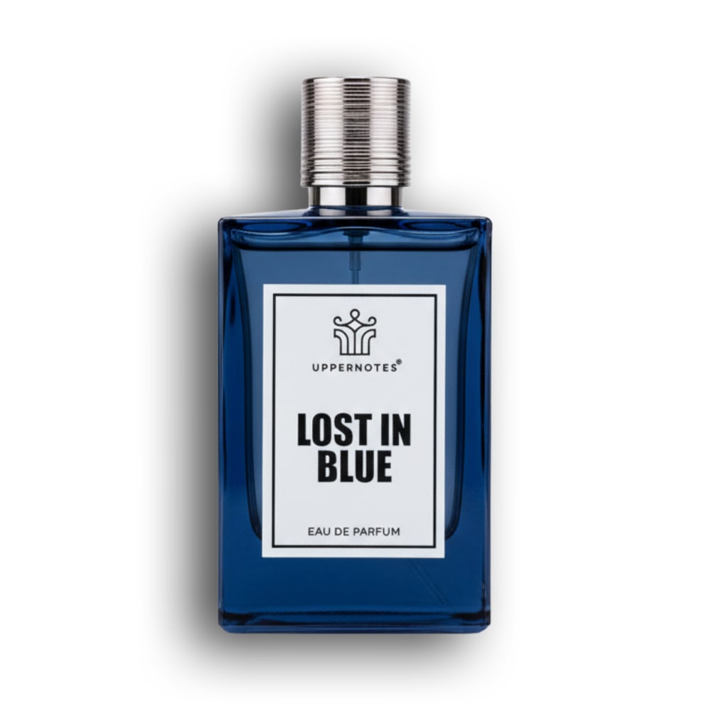 Blue perfume bottle labeled 'Lost in Blue' by Uppernotes - PERFUME SHAKE, Best Seller, top notes unisec perfume in UAE
