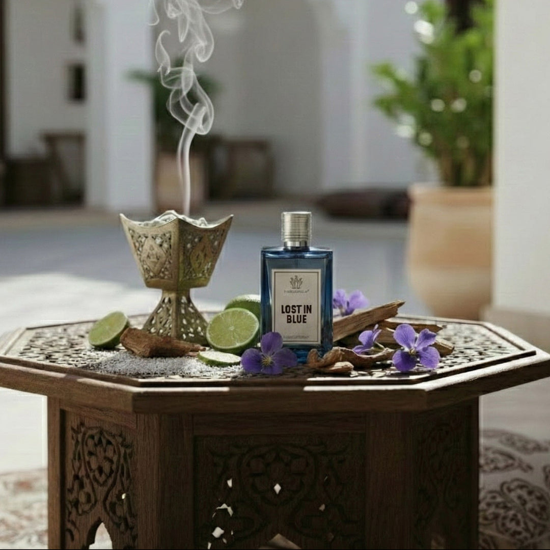Incense burner with smoke and a bottle labeled 'Lost in Blue' on a decorative table in a room with arched doorways.