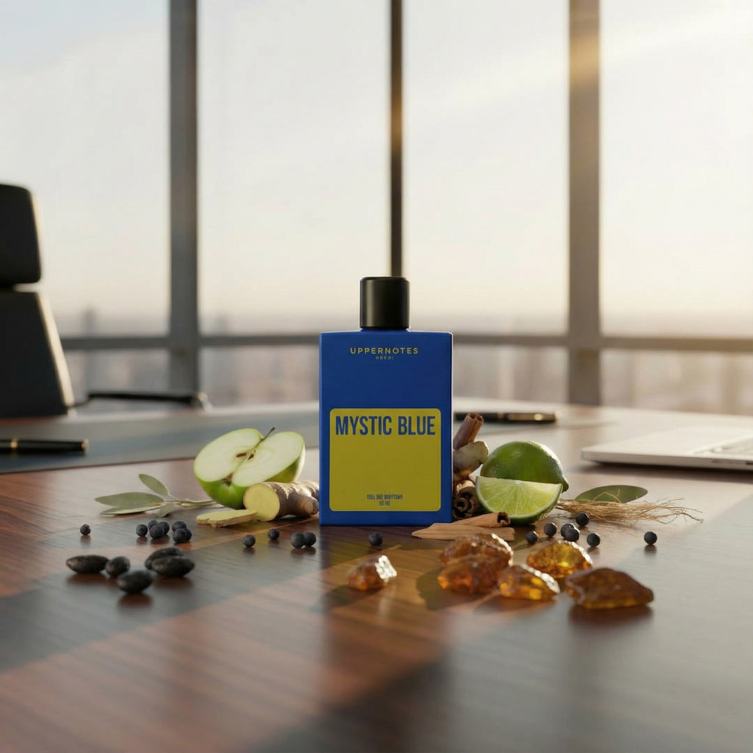 Perfume bottle labeled 'Mystic Blue' on a wooden surface with fresh clean mint and spices notes unisex perfume in UAE