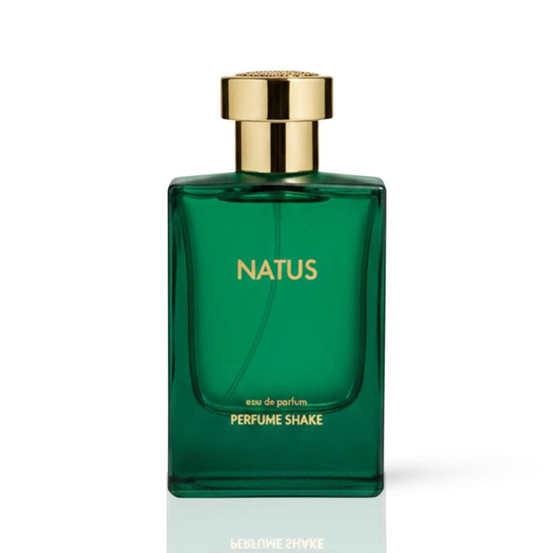 Green perfume bottle by PERFUME SHAKE, Woody sandalwood notes for men in UAE