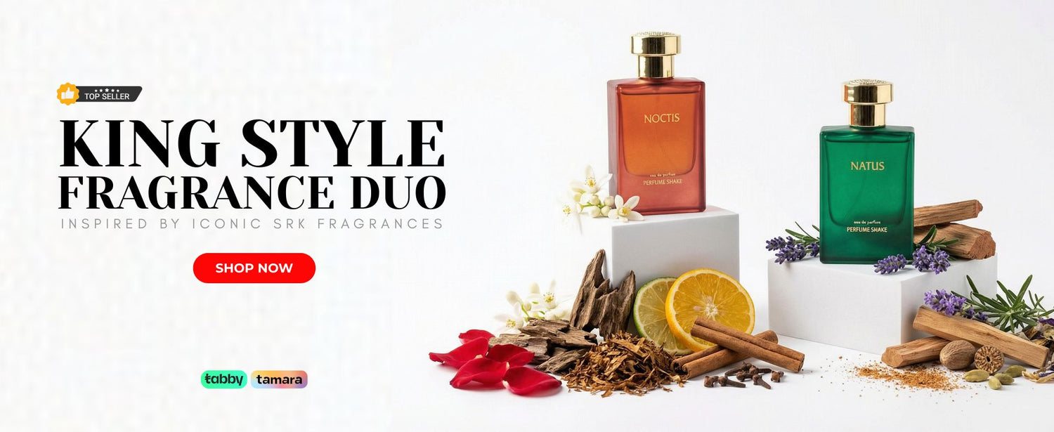 Two perfume bottles with decorative elements on a white background, featuring the brand 'Natus' and 'Noti' by Perfume Shake in UAE