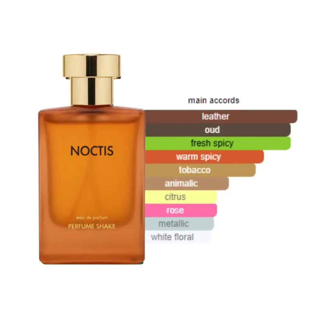 Orange perfume bottle with gold cap labeled 'Noctis' on a white background with notes, Long Lasting in UAE
