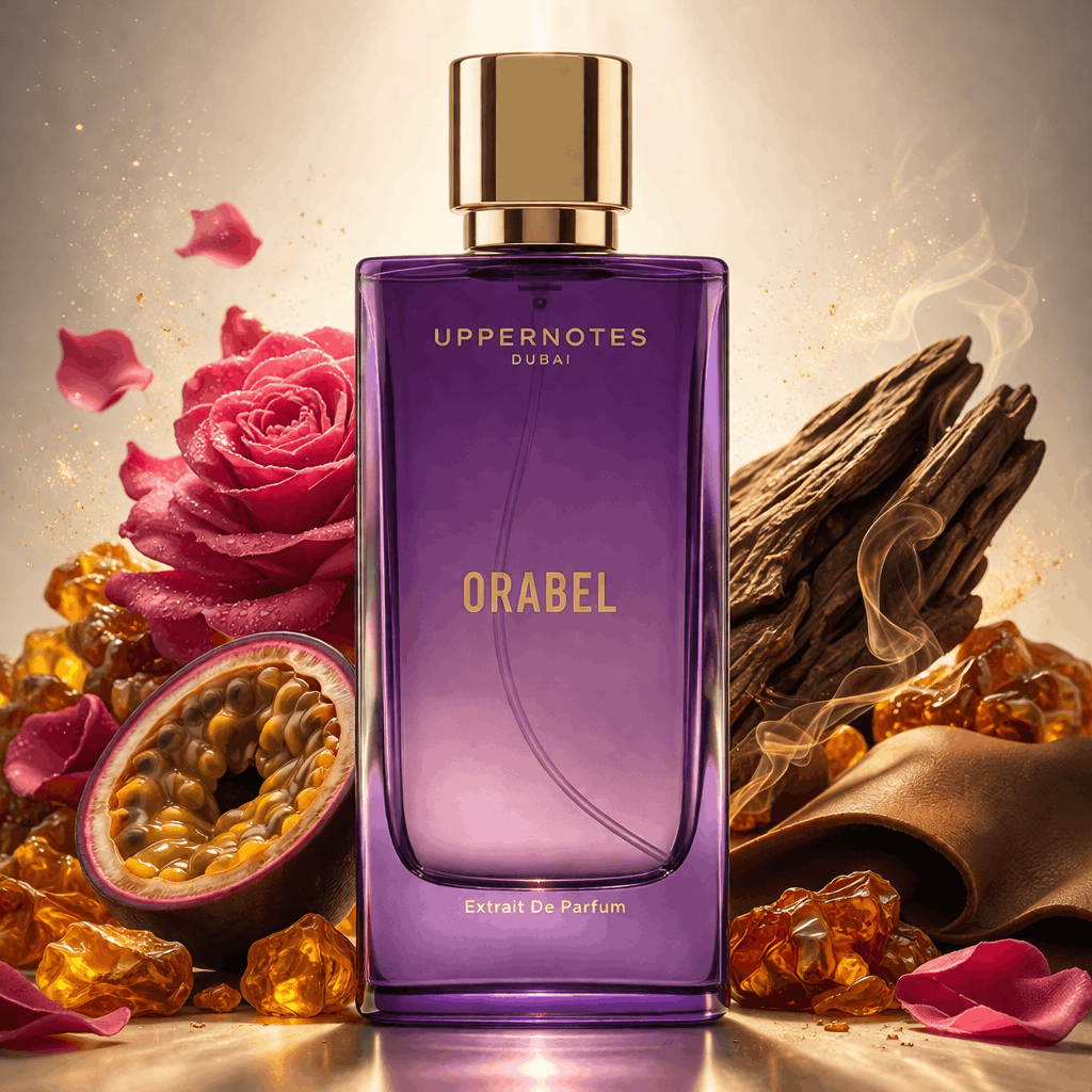 Purple perfume bottle labeled 'Orabel' surrounded by flowers and fruits on a textured surface.