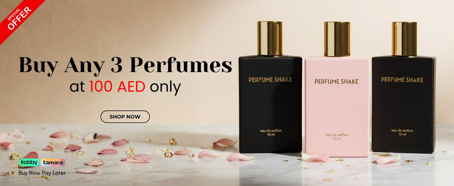 Three perfume bottles with a promotional offer on a beige background