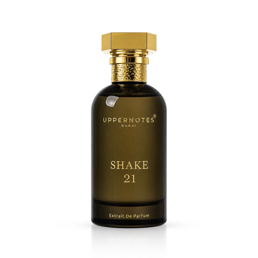 Perfume bottle labeled 'Shake 21' by Uppernotes on a white background