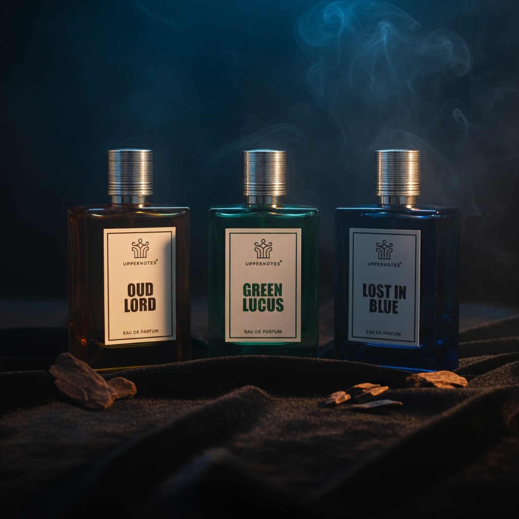 Three Uppernotes Dubai perfumes bottles labeled 'Oud Lord', 'Green Lucus', and 'Lost in Blue' on a dark background with smoke in UAE, Hot Selling trending long lasting perfumes 