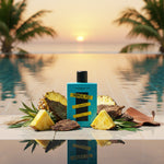 Tropical Fist cologne bottle with pineapple and leaves by a pool at sunset unsiex trending perfume in UAE