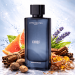 Perfume bottle labeled 'Chief' by Undernotes with spices and fruits on a light blue background