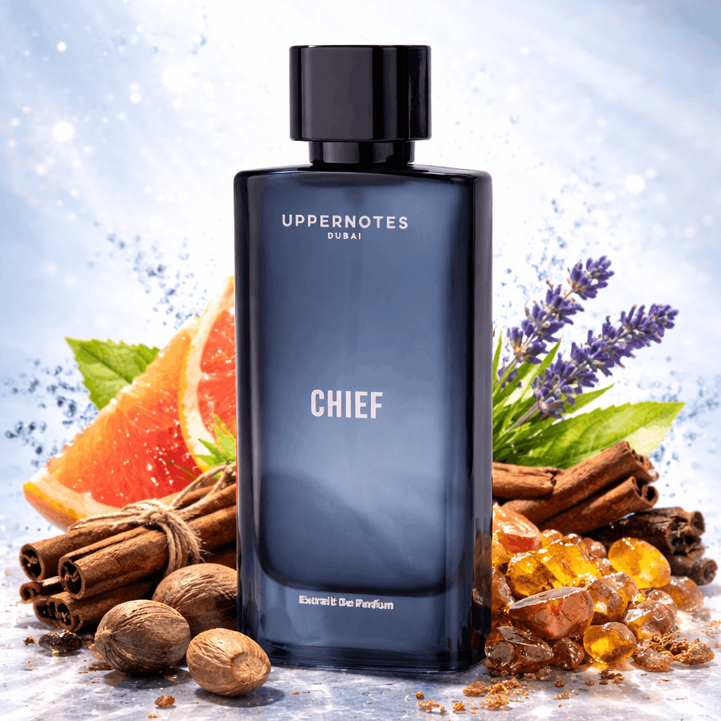 Perfume bottle labeled 'Chief' by Undernotes with spices and fruits on a light blue background