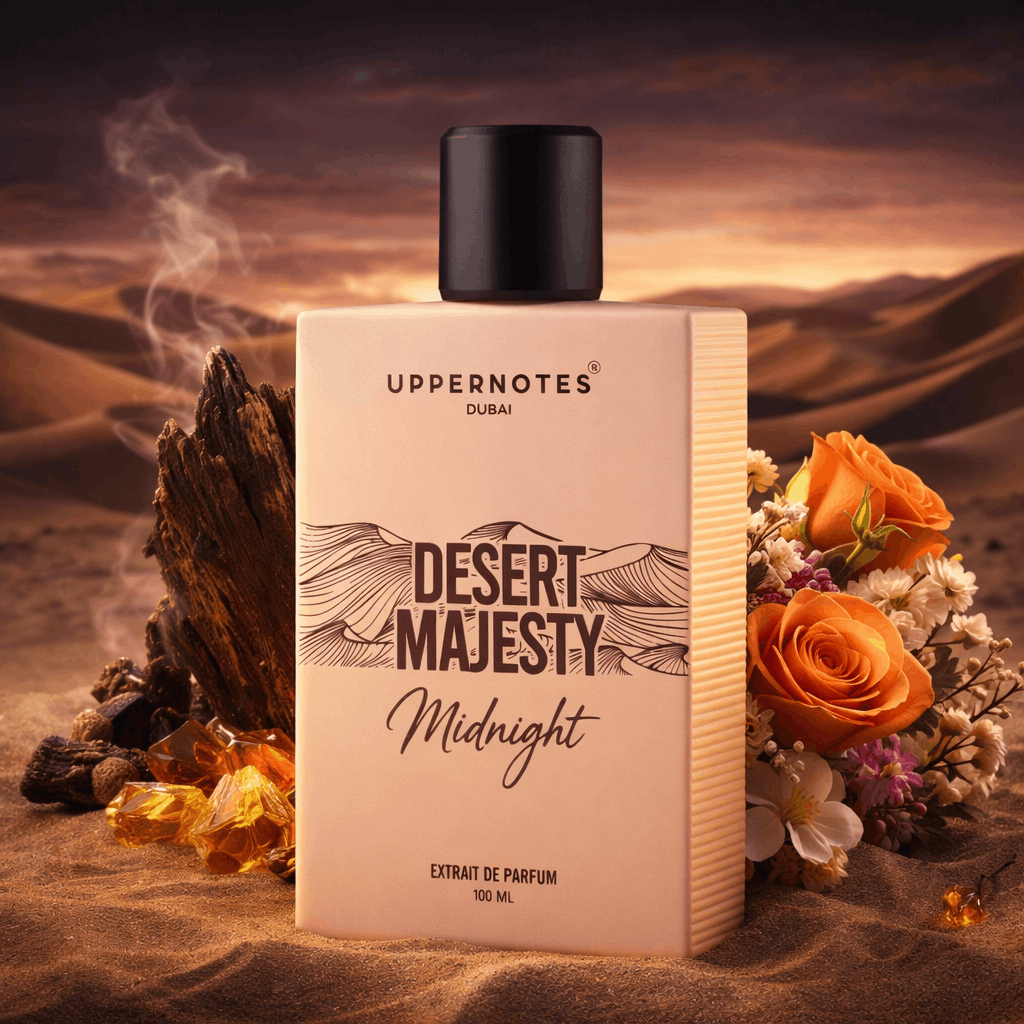 Perfume bottle labeled 'Desert Majesty Midnight' by Uppernotes Dubai with desert and floral elements.