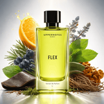 Perfume bottle labeled 'Flex' surrounded by natural elements on a reflective surface