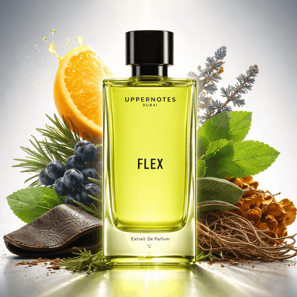 Perfume bottle labeled 'Flex' surrounded by natural elements on a reflective surface