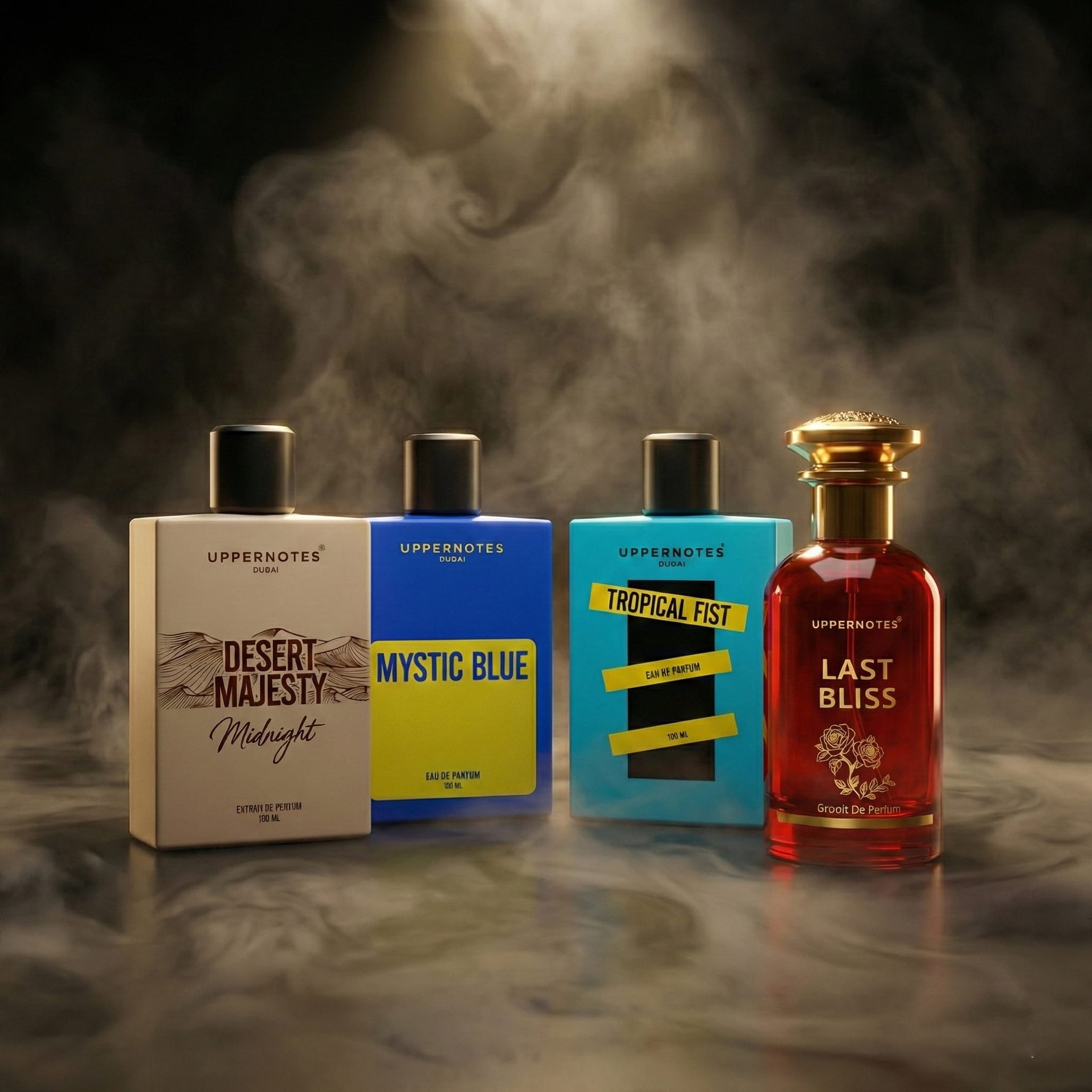Four Uppernotes perfume bottles with their packaging on a dark background with smoke effect.