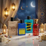 Collection of Uppernotes perfume bottles with decorative lanterns and gift boxes on a table.