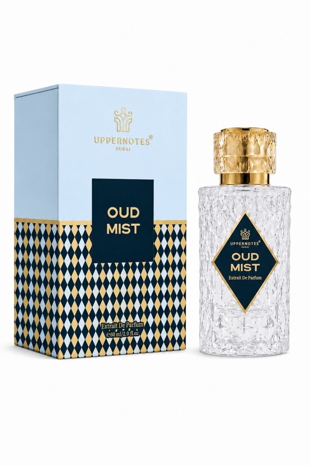 A bottle of Uppernote's Oud Mist perfume next to its packaging box. The bottle is made of textured clear glass with a shiny gold cap and a black and gold diamond-shaped label.