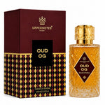 Uppernotes Oud OG Eau de Parfum bottle next to its dark red and gold patterned packaging box, set against a plain white background.