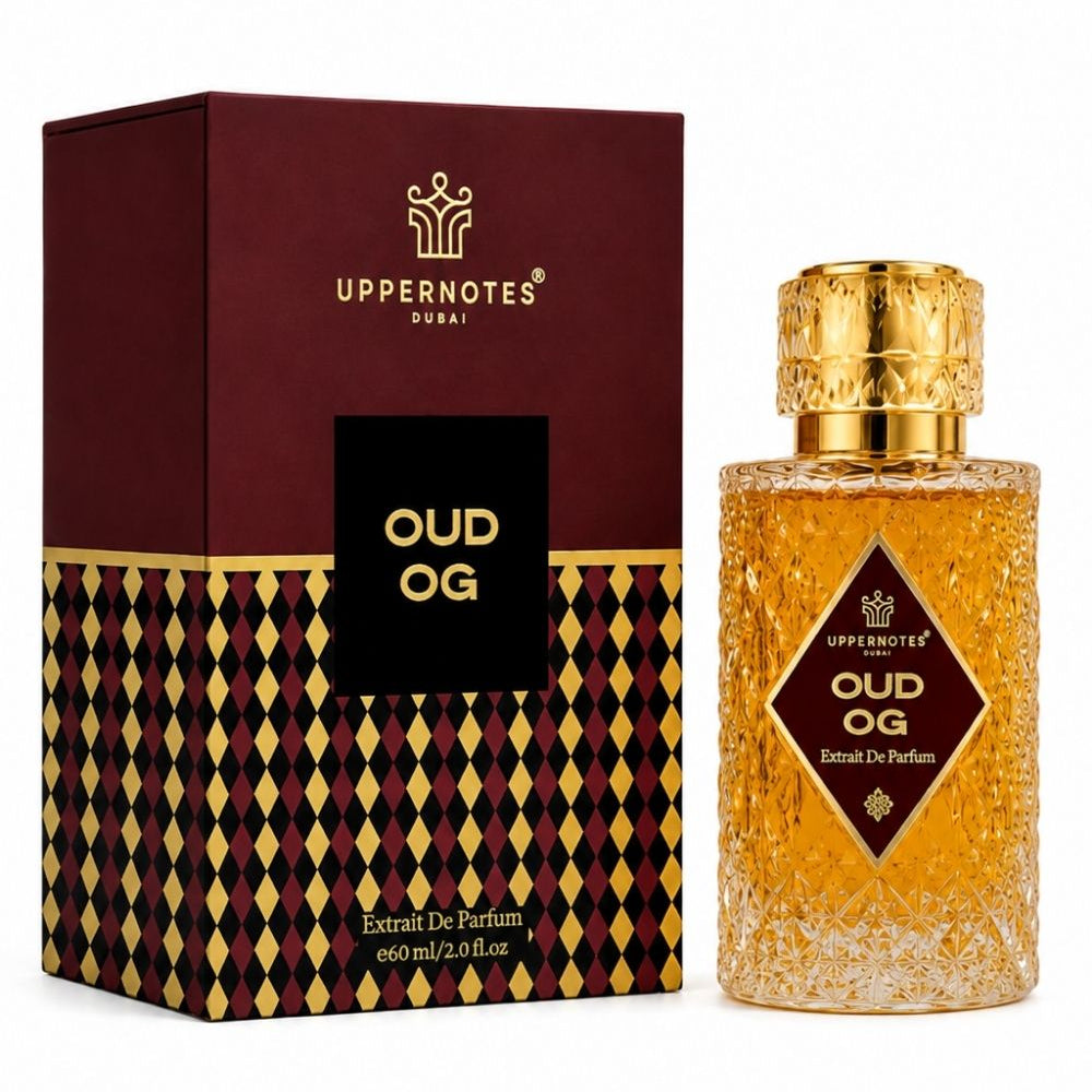 Uppernotes Oud OG Eau de Parfum bottle next to its dark red and gold patterned packaging box, set against a plain white background.