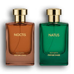 Two perfume bottles labeled 'Noctis' and 'Natus' with woody oud sweet notes, hot selling trending perfumes for men in UAE, inspired by famous star shahrukh khan 