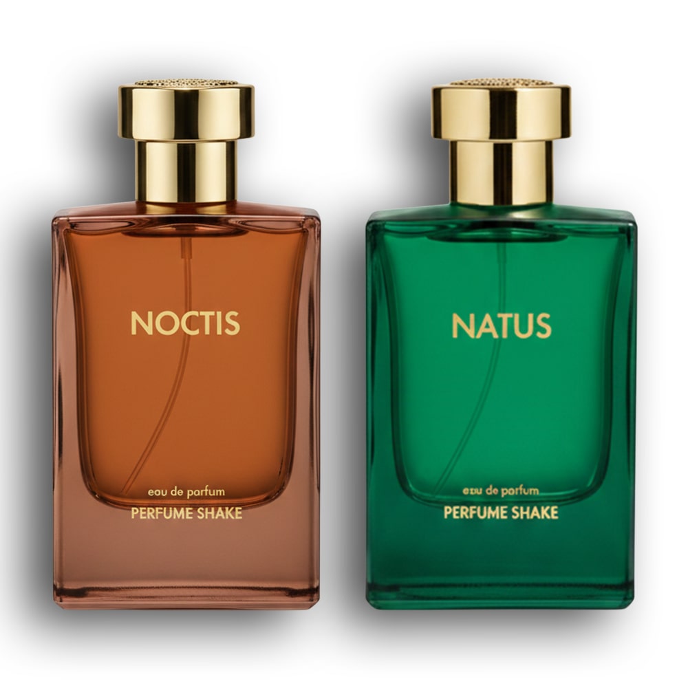 Two perfume bottles labeled 'Noctis' and 'Natus' with woody oud sweet notes, hot selling trending perfumes for men in UAE, inspired by famous star shahrukh khan 