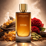 Perfume bottle labeled 'Steva' surrounded by flowers and spices on a dark background