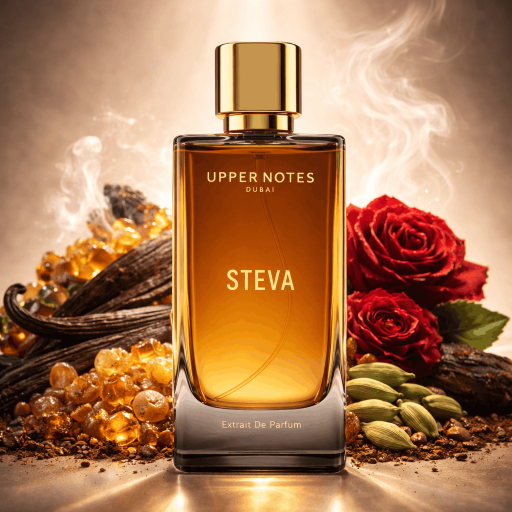 Perfume bottle labeled 'Steva' surrounded by flowers and spices on a dark background