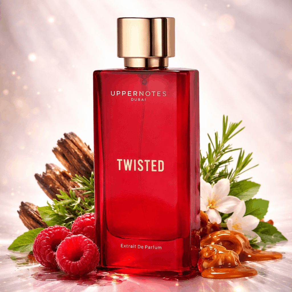 Red perfume bottle labeled 'Twisted' with decorative elements on a reflective surface.