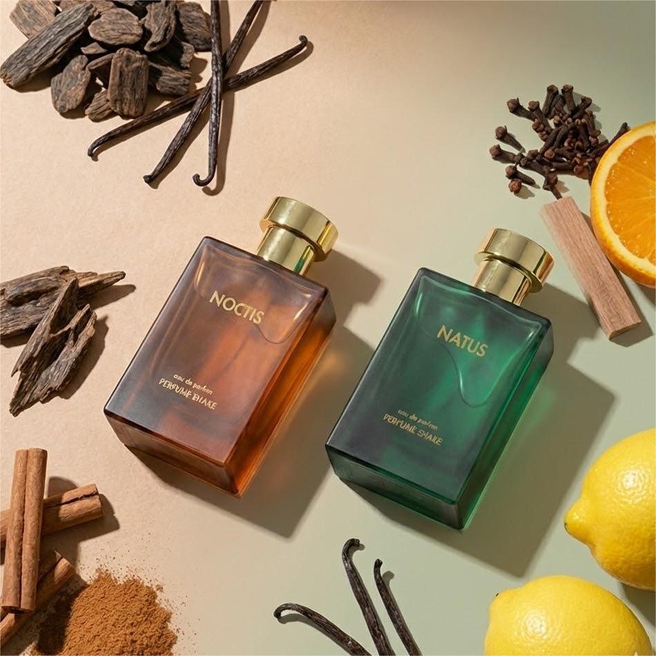 Two perfume bottles, 'Noctis' and 'Natus', surrounded by spices and fruits on a beige background. Best perfumes in UAE